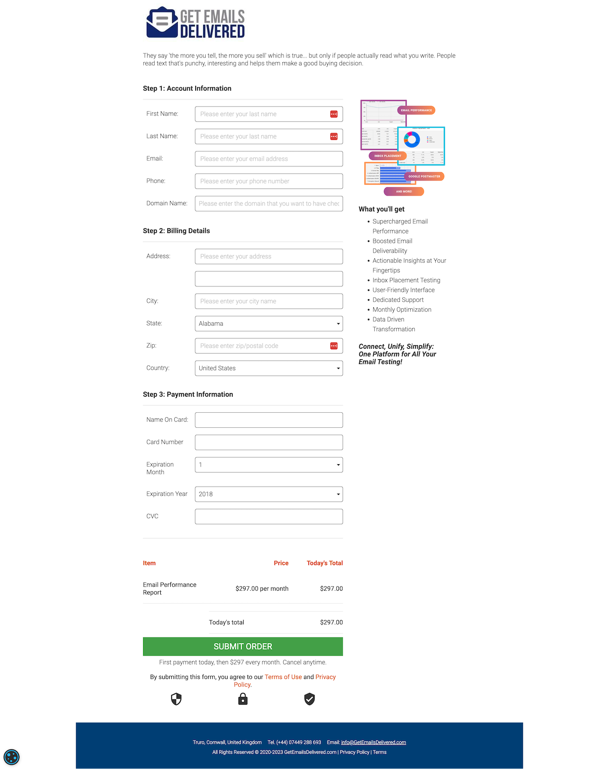 Email Performance Report Checkout Form